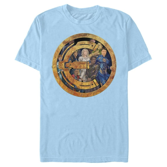 Men's Marvel Eternals Group Gold Badge Graphic Tee Light Blue Medium