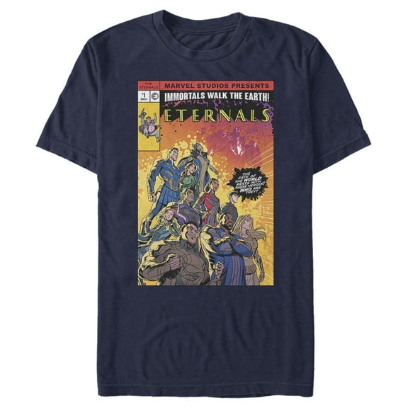 Men's Marvel Eternals Heroes Comic Book Cover  Graphic Tee Navy Blue 3X Large