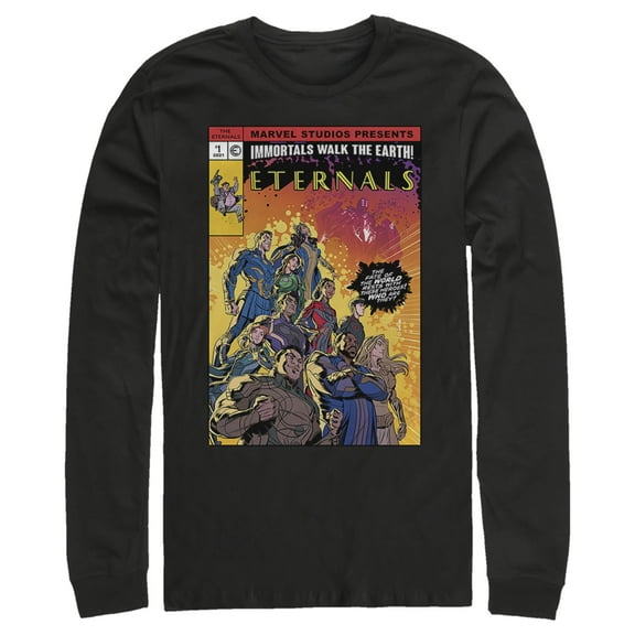 Men's Marvel Eternals Heroes Comic Book Cover Long Sleeve Shirt Black Medium