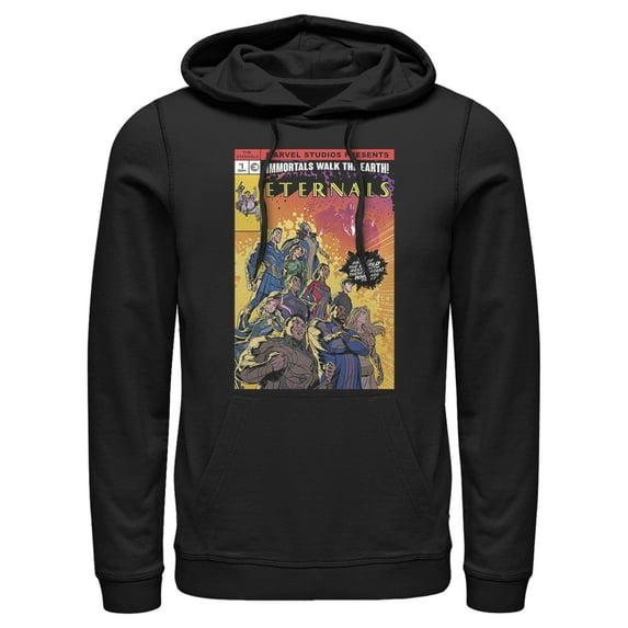 Men's Marvel Eternals Heroes Comic Book Cover Pull Over Hoodie Black 3X Large