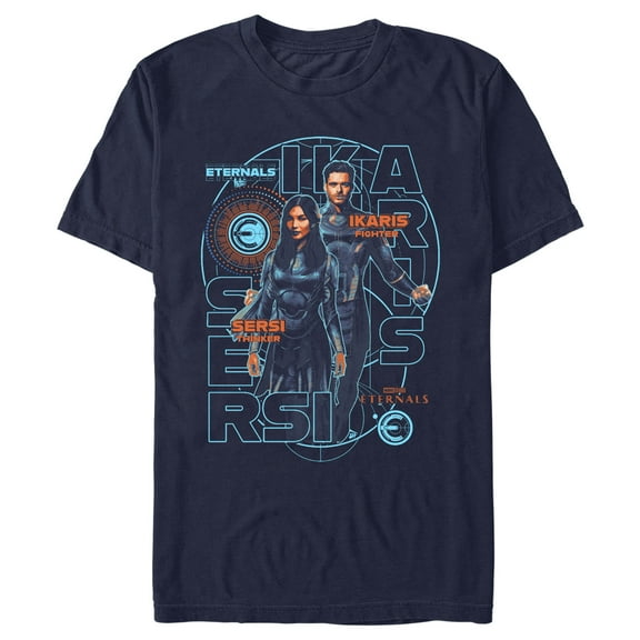 Men's Marvel Eternals Ikaris the Fighter and Sersi the Thinker Graphic Tee Navy Blue Large