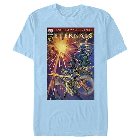 Men's Marvel Eternals Immortals Walk the Earth Comic Book Cover  Graphic Tee Light Blue 2X Large