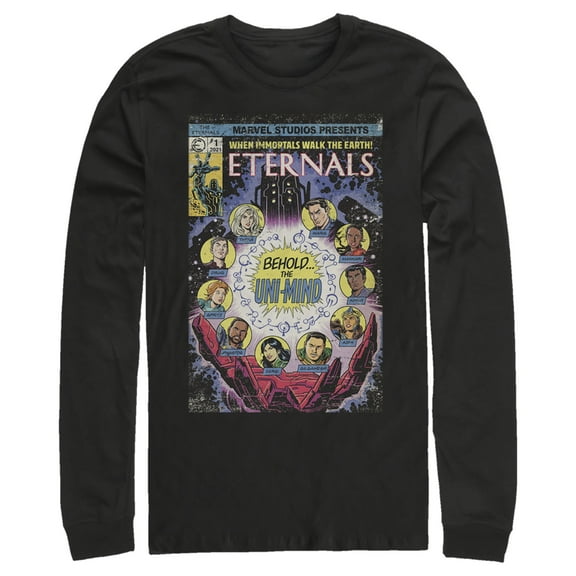 Men's Marvel Eternals Retro Comic Book Cover  Long Sleeve Shirt Black Large