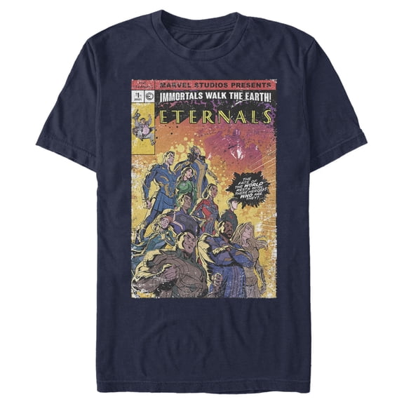Men's Marvel Eternals Retro Group Comic Book Cover  Graphic Tee Navy Blue 2X Large