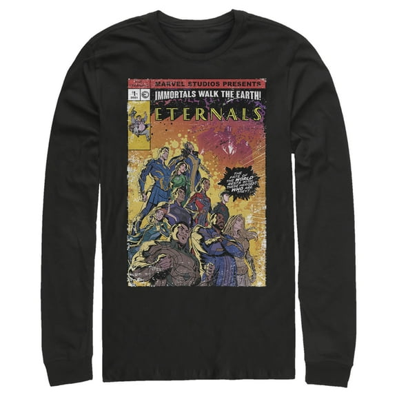 Men's Marvel Eternals Retro Group Comic Book Cover Long Sleeve Shirt Black 2X Large