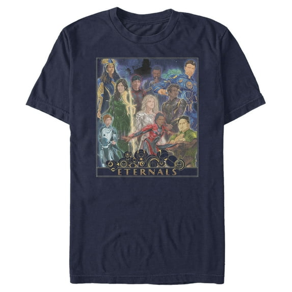 Men's Marvel Eternals Watercolor Poster Graphic Tee Navy Blue 3X Large