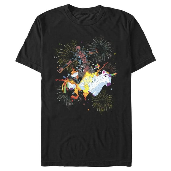 Men's Marvel Fourth of July Deadpool Unicorn Fireworks  Graphic Tee Black Large