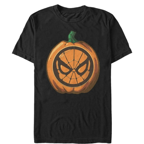 Men's Marvel Halloween Spider-Man Mask Pumpkin Graphic Tee Black Medium