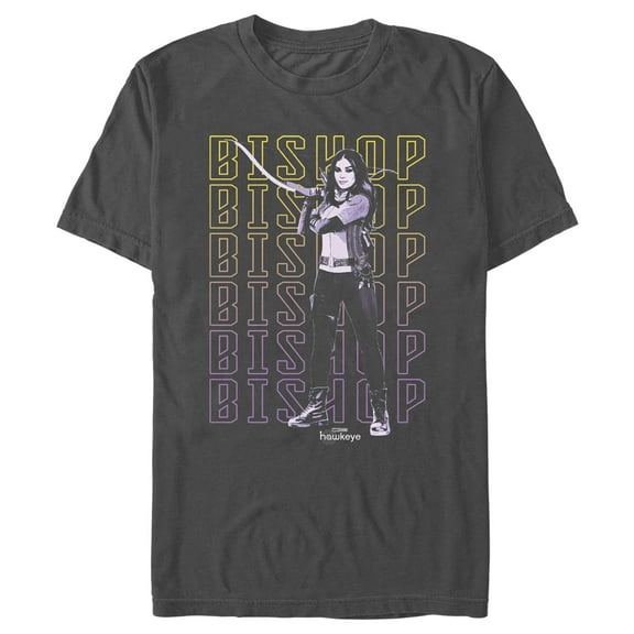 Men's Marvel Hawkeye Kate Bishop Name Stack Graphic Tee Charcoal Medium
