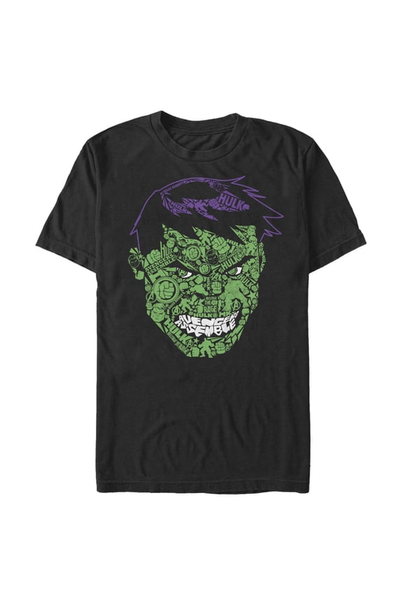 Men's Marvel Hulk Angry Face Build Up Fill Graphic Tee Black 2X Large