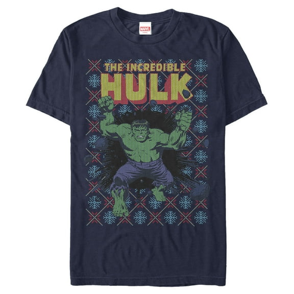 Men's Marvel Hulk Smash Holiday Ugly Sweater  Graphic Tee Navy Blue Large