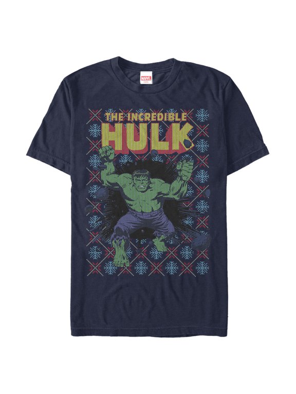 Men's Marvel Hulk Smash Holiday Ugly Sweater Graphic Tee Navy Blue Large