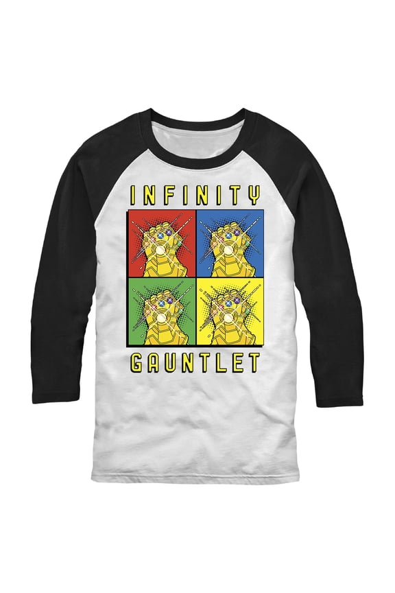Men's Marvel Infinity Gauntlet Retro Boxes  Baseball Graphic Tee White/Black Medium