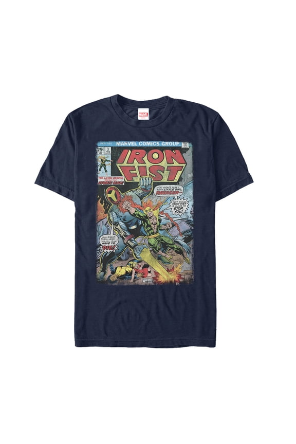 Men's Marvel Iron Fist vs Atomic Man Comic Graphic Tee Navy Blue Large