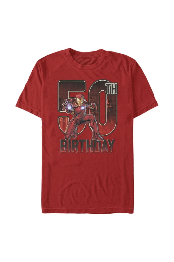 Men's Marvel Iron Man 50th Birthday Action Pose Graphic Tee Red Medium