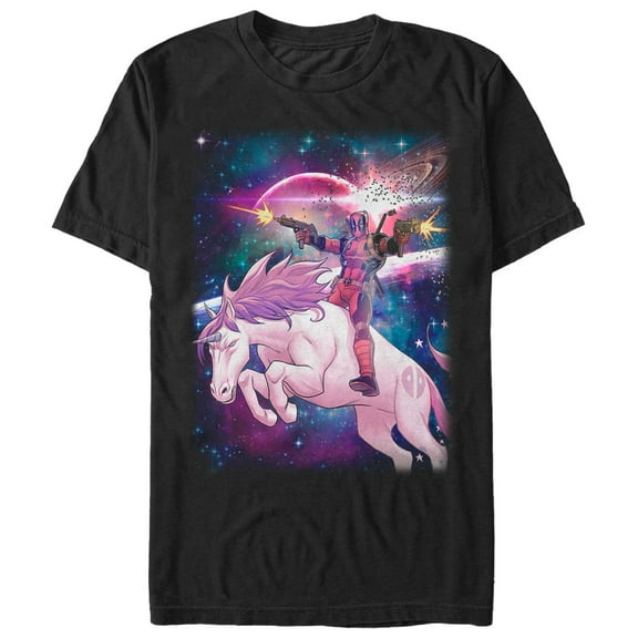 Men's Marvel Legendary Deadpool on Space Unicorn  Graphic Tee Black 2X Large