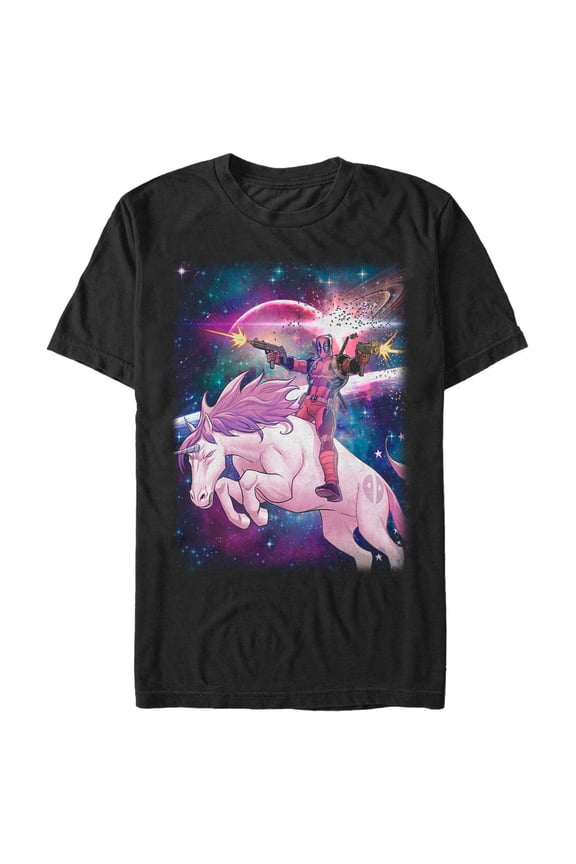 Men's Marvel Legendary Deadpool on Space Unicorn  Graphic Tee Black 2X Large