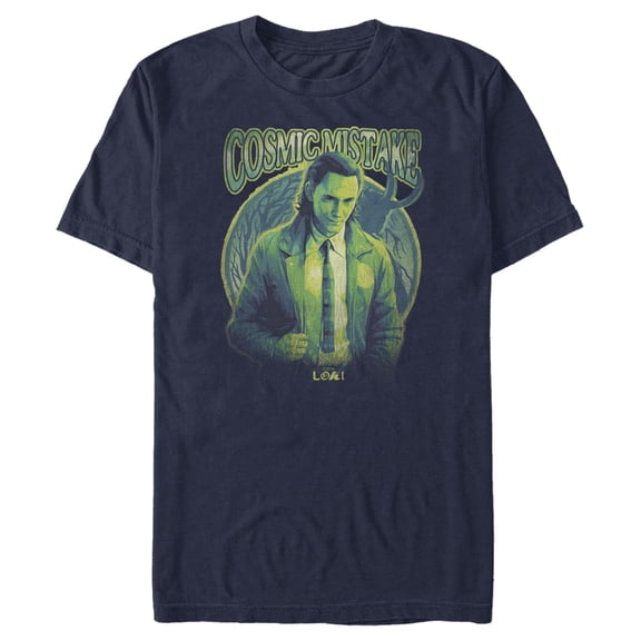 Men's Marvel Loki Cosmic Mistake Graphic Tee Navy Blue Large