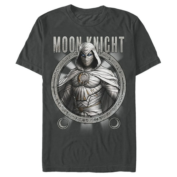 Men's Marvel: Moon Knight Hieroglyph Frame Evil Beware Graphic Tee Charcoal Medium