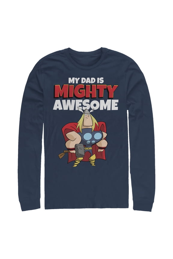 Men's Marvel My Dad is Mighty Awesome Cartoon Thor Long Sleeve Shirt Navy Blue Small