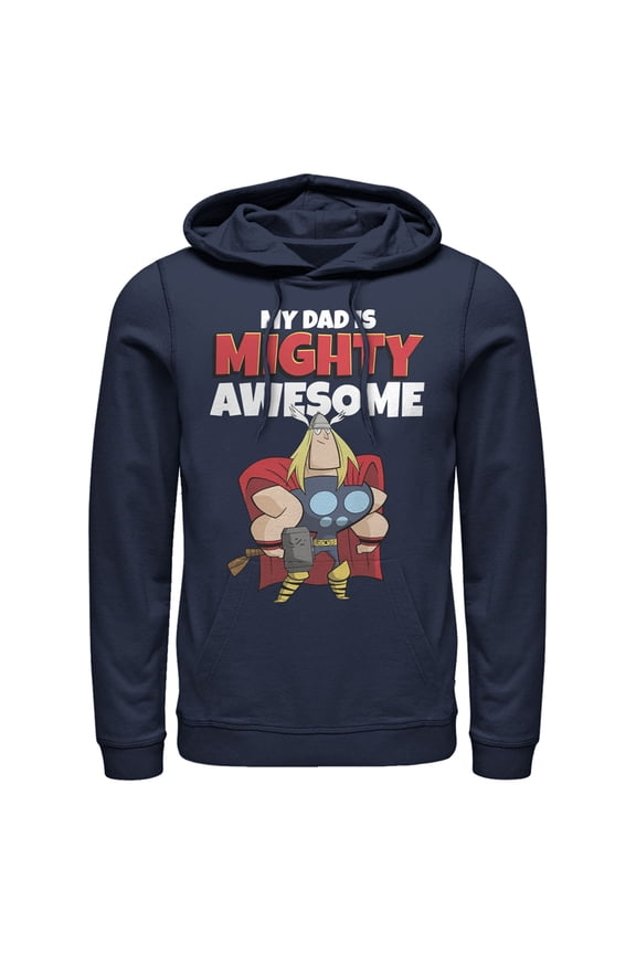 Men's Marvel My Dad is Mighty Awesome Cartoon Thor  Pull Over Hoodie Navy Blue Medium