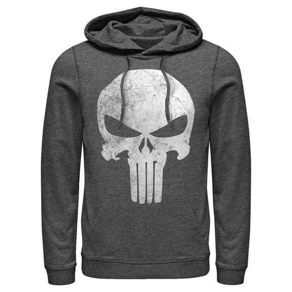 Men's Marvel Punisher Retro Skull Symbol Pull Over Hoodie Charcoal Heather X Large