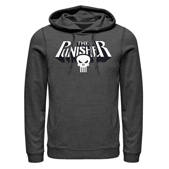 Men's Marvel Punisher Skull Text Logo Pull Over Hoodie Charcoal Heather X Large