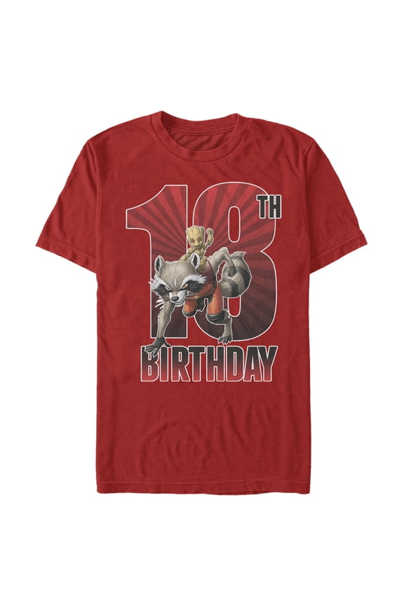 Men's Marvel Rocket and Baby Groot 18th Birthday Graphic Tee Red Medium