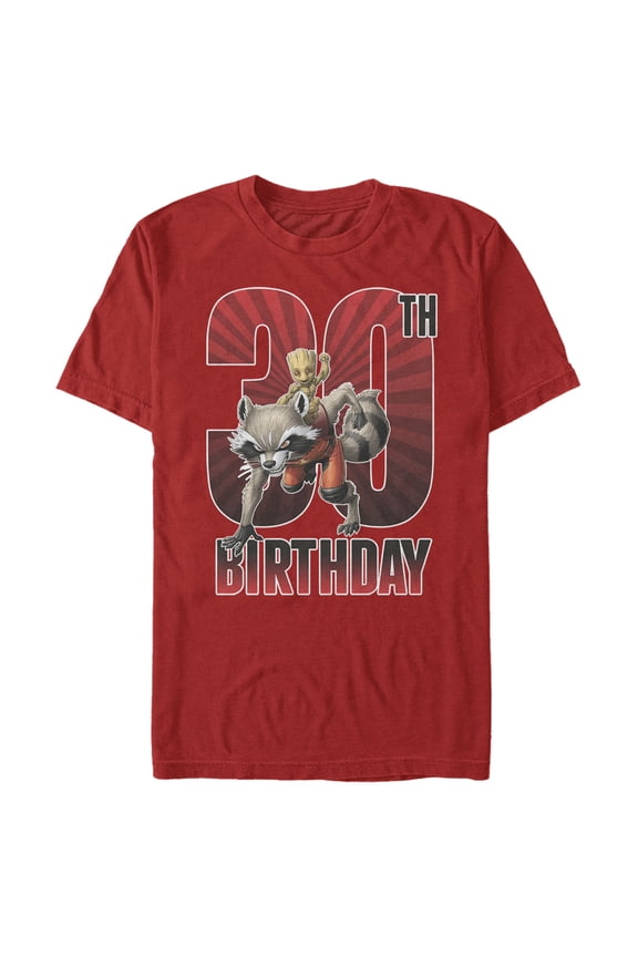 Men's Marvel Rocket and Baby Groot 30th Birthday Graphic Tee Red Medium
