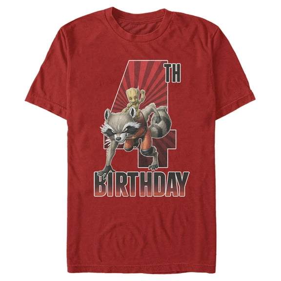 Men's Marvel Rocket and Baby Groot 4th Birthday Graphic Tee Red Medium