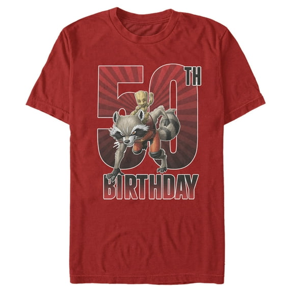 Men's Marvel Rocket and Baby Groot 50th Birthday Graphic Tee Red Large