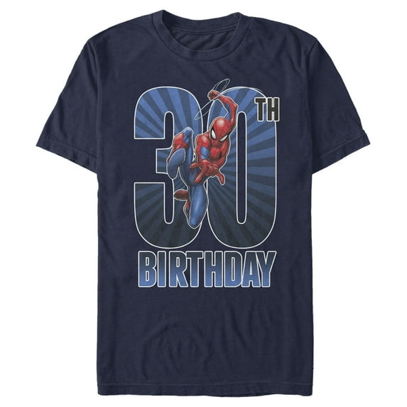 Men's Marvel Spider-Man Swinging 30th Birthday Graphic Tee Navy Blue Medium