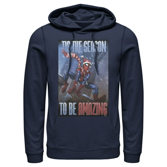 Men's Marvel Spider-Man 'Tis The Season To Be Amazing Pull Over Hoodie Navy Blue Small