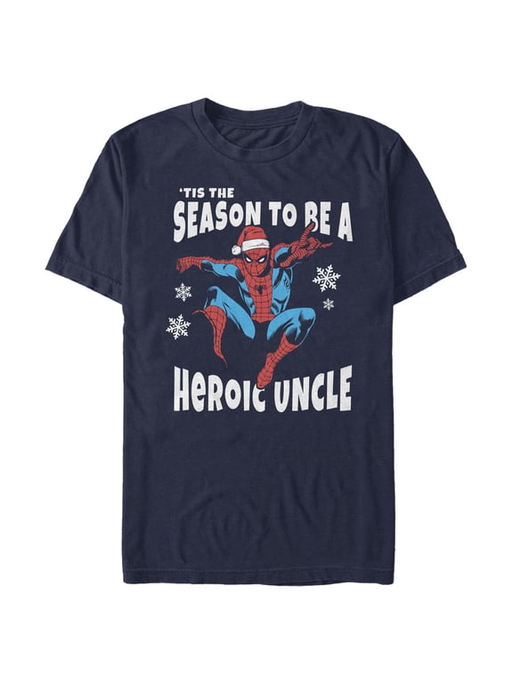 Men's Marvel Spider-Man Uncle 'Tis the Season Graphic Tee Navy Blue Large