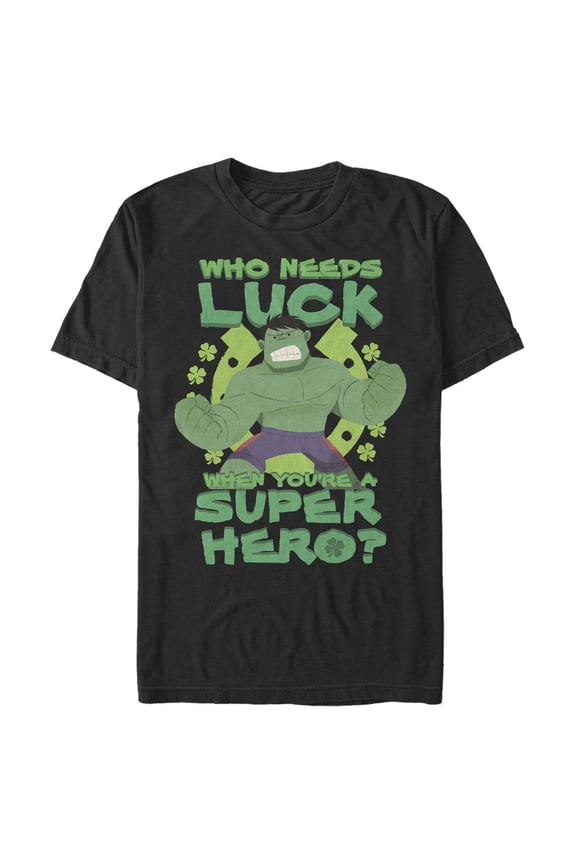 Men's Marvel St. Patrick's Day Hulk Who Needs Luck Graphic Tee Black 3X Large