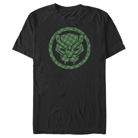 Men's Marvel St. Patrick's Day Lucky Black Panther Mask Graphic Tee Black / Plaid Logo Medium