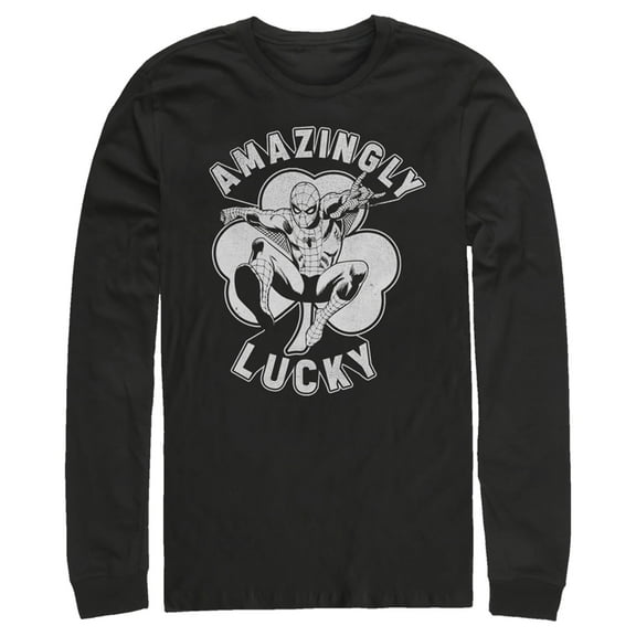 Men's Marvel St. Patrick's Day Spider-Man Lucky Clover Long Sleeve Shirt Black Large