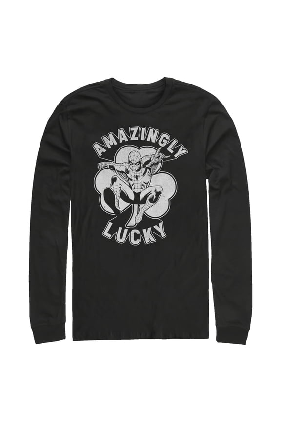 Men's Marvel St. Patrick's Day Spider-Man Lucky Clover Long Sleeve Shirt Black Medium