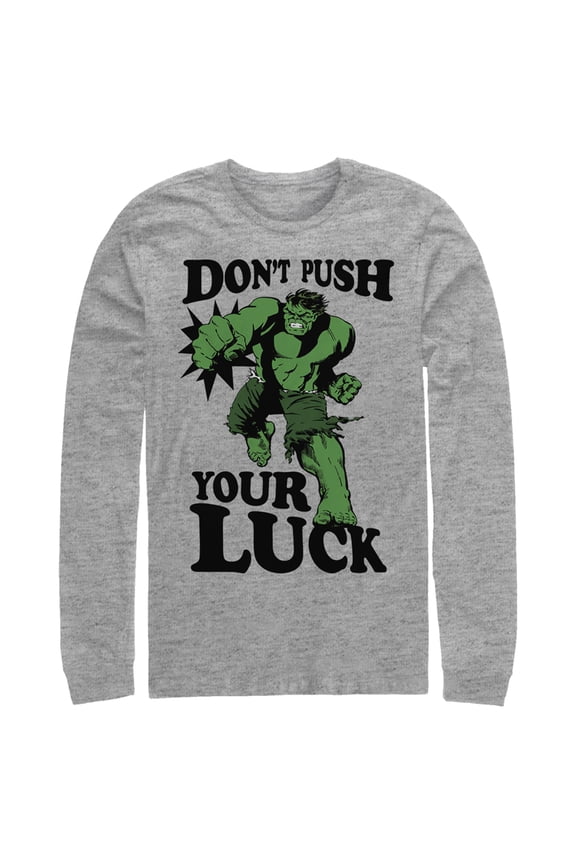 Men's Marvel St. Patrick's Day The Hulk Don't Push Your Luck Long Sleeve Shirt Athletic Heather X Large