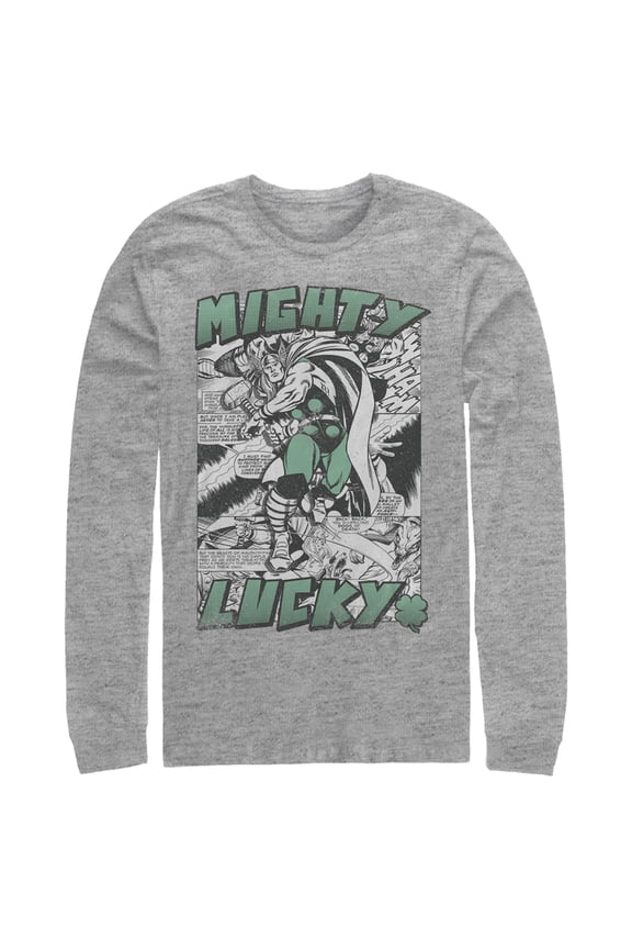 Men's Marvel Thor Comic St. Patrick's Day Mighty Lucky Long Sleeve Shirt Athletic Heather Large