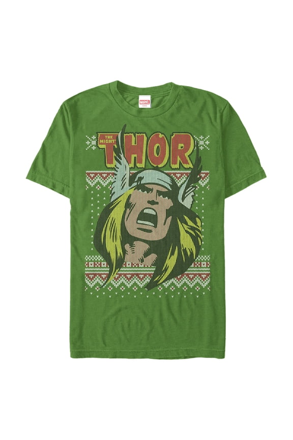 Men's Marvel Thor Retro Comic Holiday Ugly Sweater Graphic Tee Kelly Green X Large
