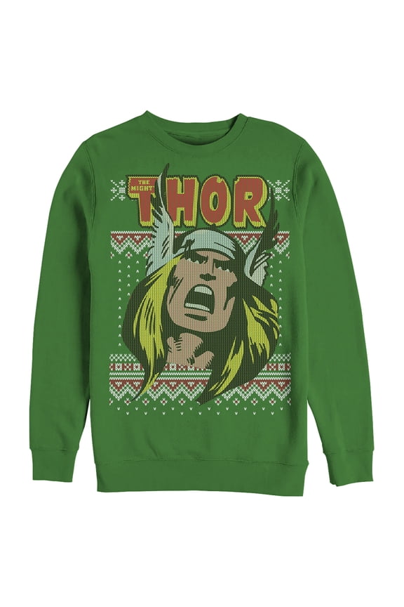 Men's Marvel Thor Retro Comic Holiday Ugly Sweater Sweatshirt Kelly Green X Large