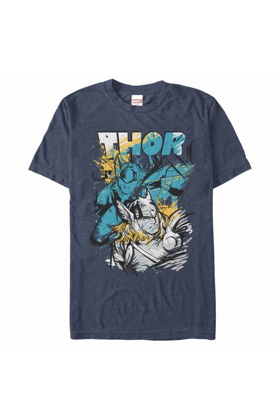 Men's Marvel Thor Sketch Splatter Print Graphic Tee Navy Blue Heather Large