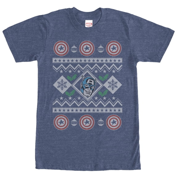 Men's Marvel Ugly Christmas Captain America Graphic Tee Navy Blue Heather Large