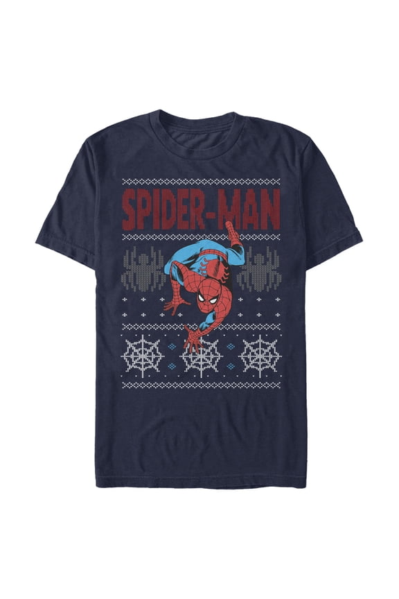 Men's Marvel Ugly Christmas Spider-Man Crawl Graphic Tee Navy Blue Medium