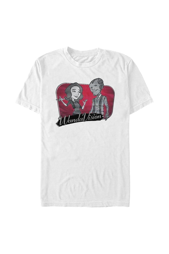 Men's Marvel WandaVision Animated Retro Couple Glitch Graphic Tee White Medium