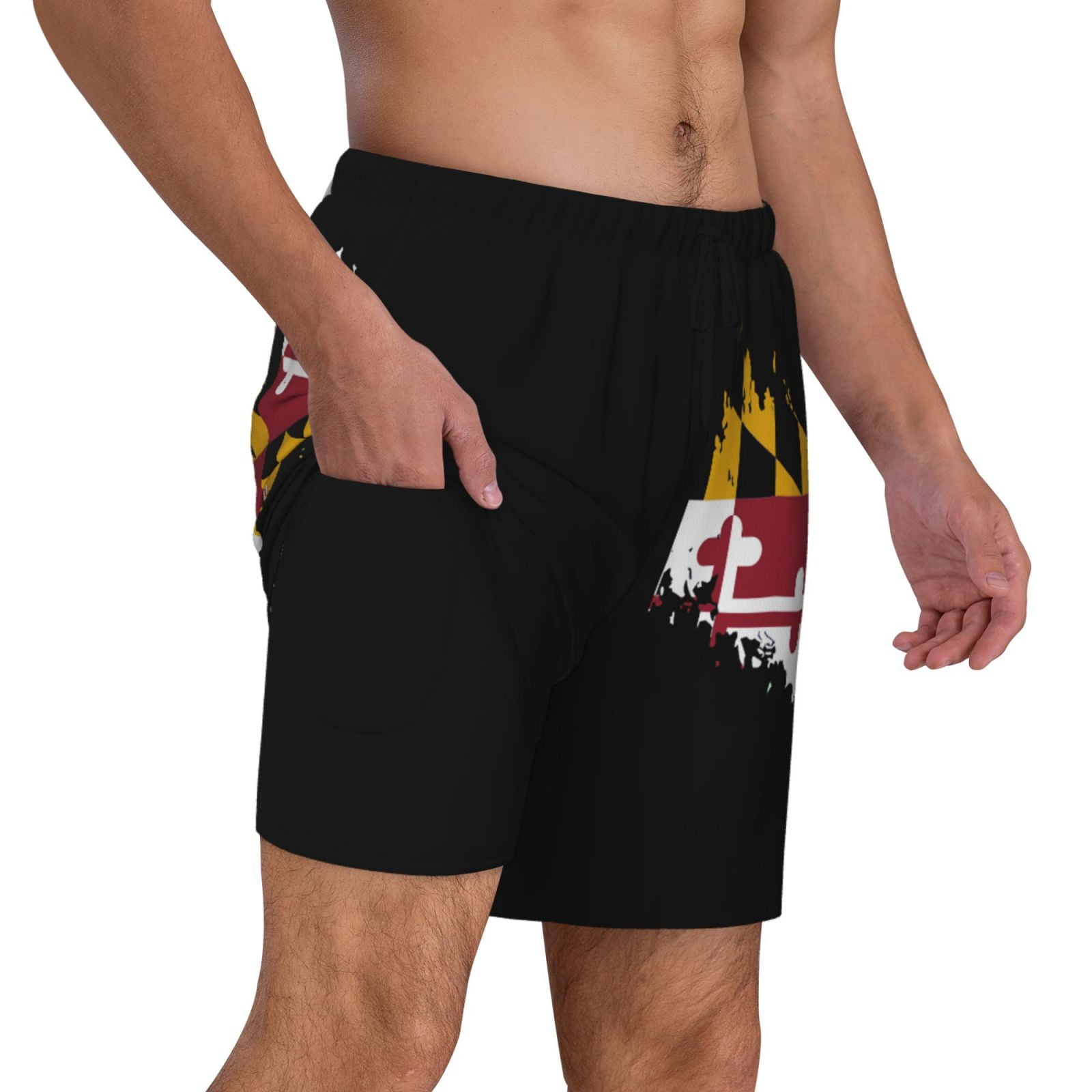Men's Maryland Flag Swim Trunks with Compression Liner Bathing Suit Swimwear