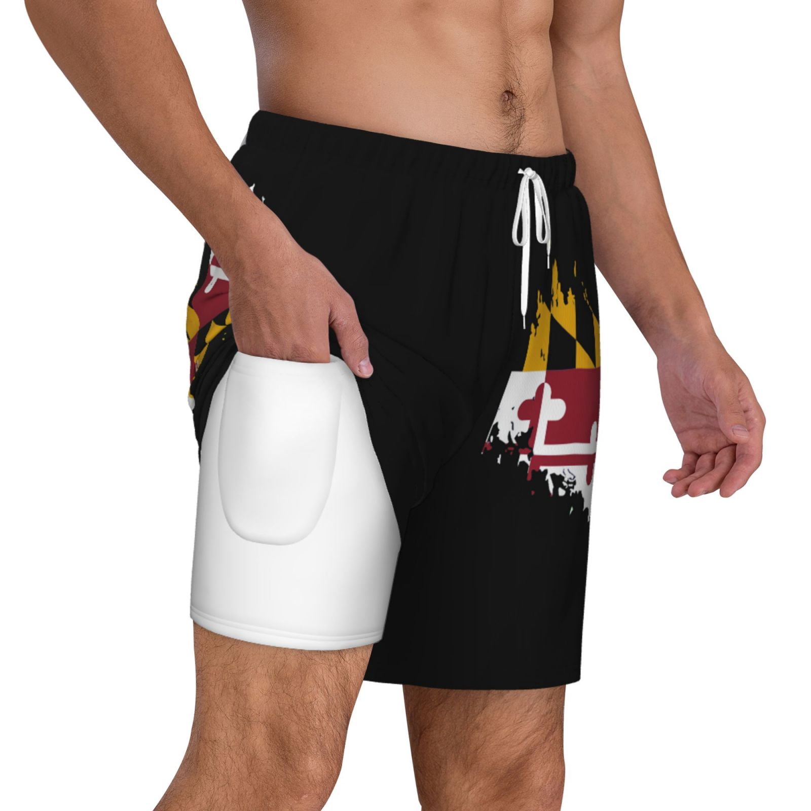 Men's Maryland Flag Swim Trunks with Compression Liner Bathing Suit Swimwear