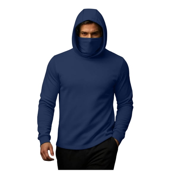 Men's Mask Thermal Hoodie Long Sleeve Solid Face Cover Warmer Pullover Top for Outdoor Blue L