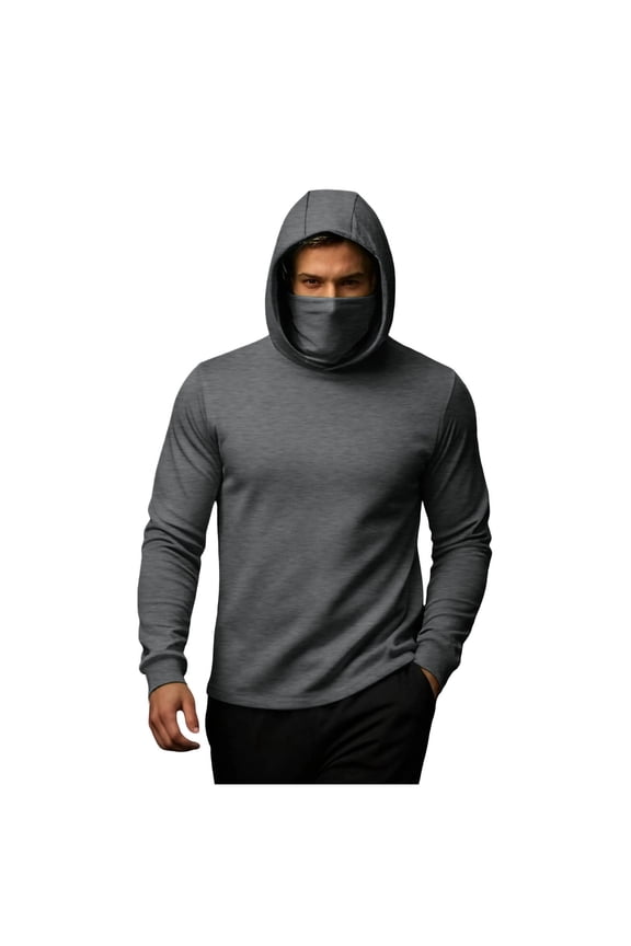 Men's Mask Thermal Hoodie Long Sleeve Solid Face Cover Warmer Pullover Top for Outdoor Dark Gray M
